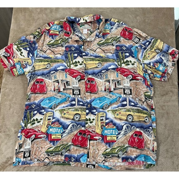Paradise Found Other - Vintage Paradise Found Button Up Shirt Mens XXL Americana Cars Rayon S/S EUC